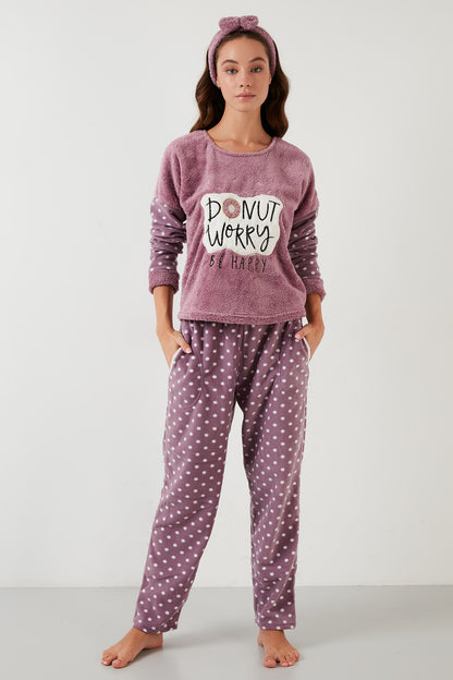 Lela Baskılı Puantiyeli Saç Bantlı Peluş Bayan Pijama Takımı 6094120 LİLA