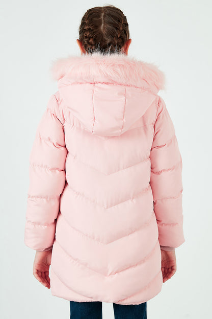 Lela Yakası Suni Kürklü Peluş Astarlı Kapüşonlu Kışlık Şişme Kız Çocuk Mont 6035018 PEMBE