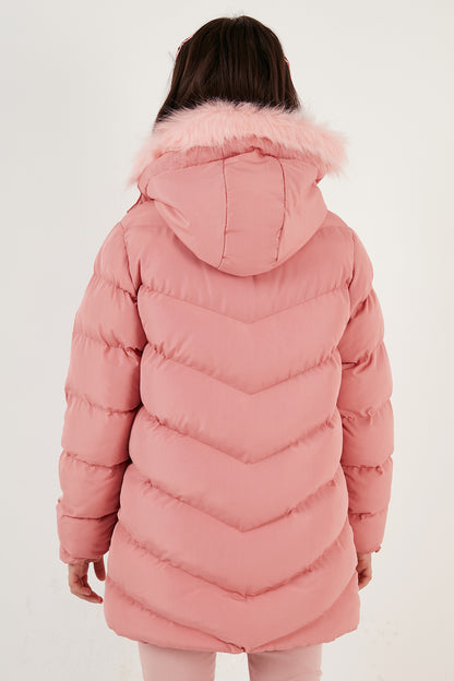 Lela Yakası Suni Kürklü Peluş Astarlı Kapüşonlu Kışlık Şişme Kız Çocuk Mont 6035018 AÇIK PEMBE