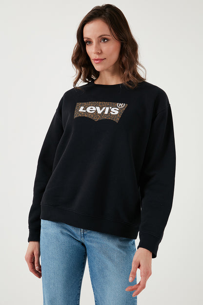 Levi's Leopar Desenli Logo Baskılı Pamuklu Regular Fit Bisiklet Yaka Bayan Sweat 001U5-0001 SİYAH