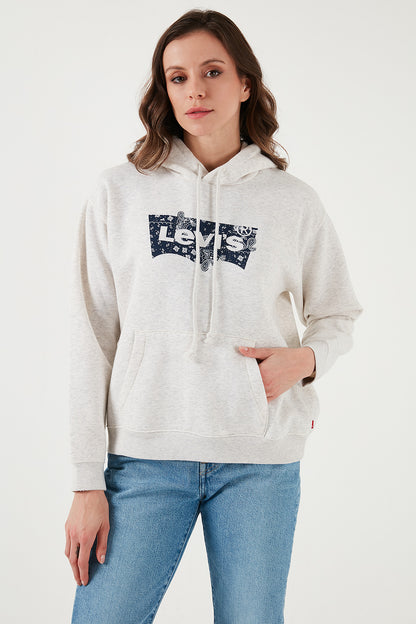 Levi's Desenli Logo Baskılı Pamuklu Regular Fit Kapüşonlu Bayan Sweat 001U6-0002 KREM