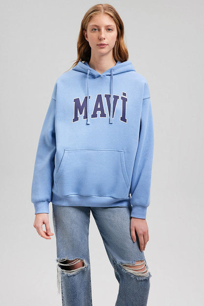 Mavi Pamuklu Oversize Kapüşonlu Kanguru Cepli Bayan Sweat 1600361-70856 MAVİ