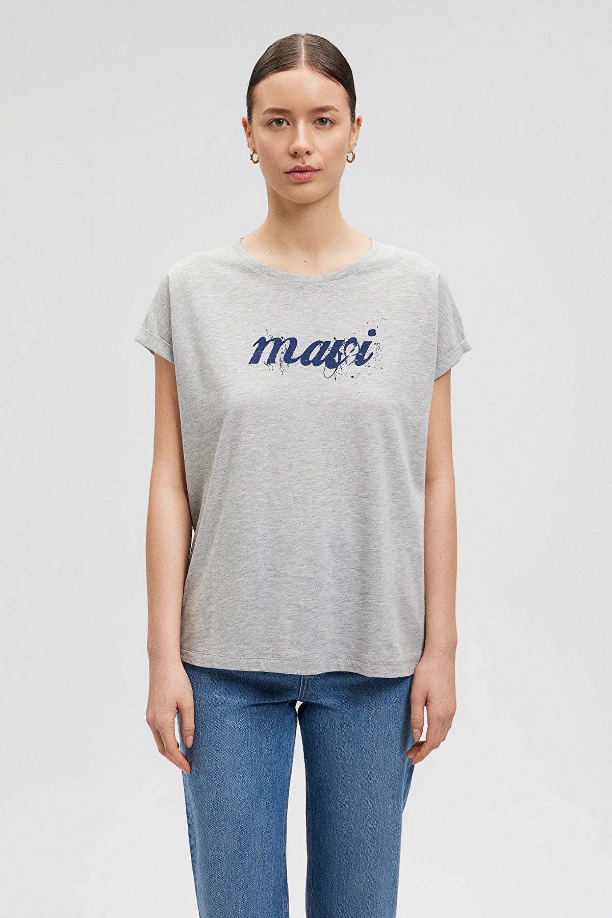 Mavi Pamuklu Loose Fit Bisiklet Yaka Bayan T Shirt 166422-25702 AÇIK GRİ