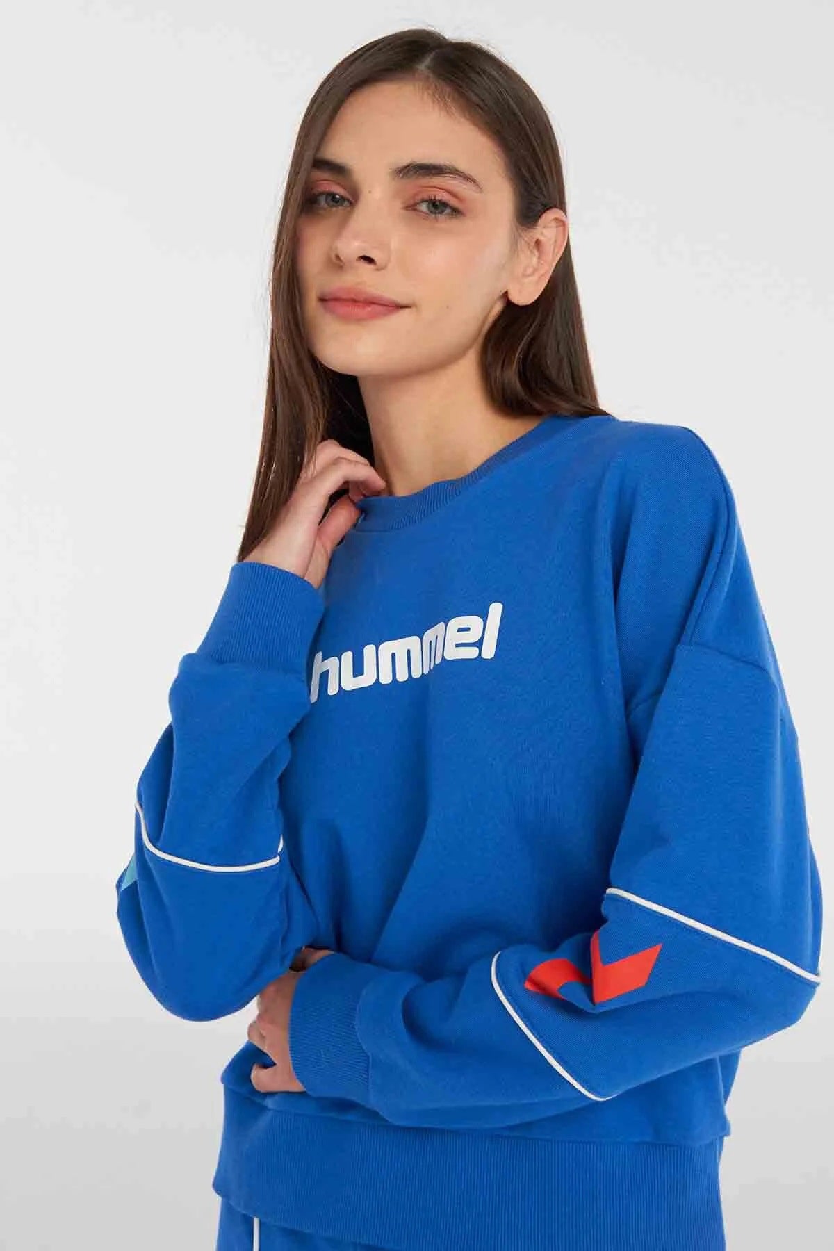 Hummel  Logo Baskılı Pamuklu Oversize Fit Bisiklet Yaka Bayan Sweat 922098-9821 MAVİ