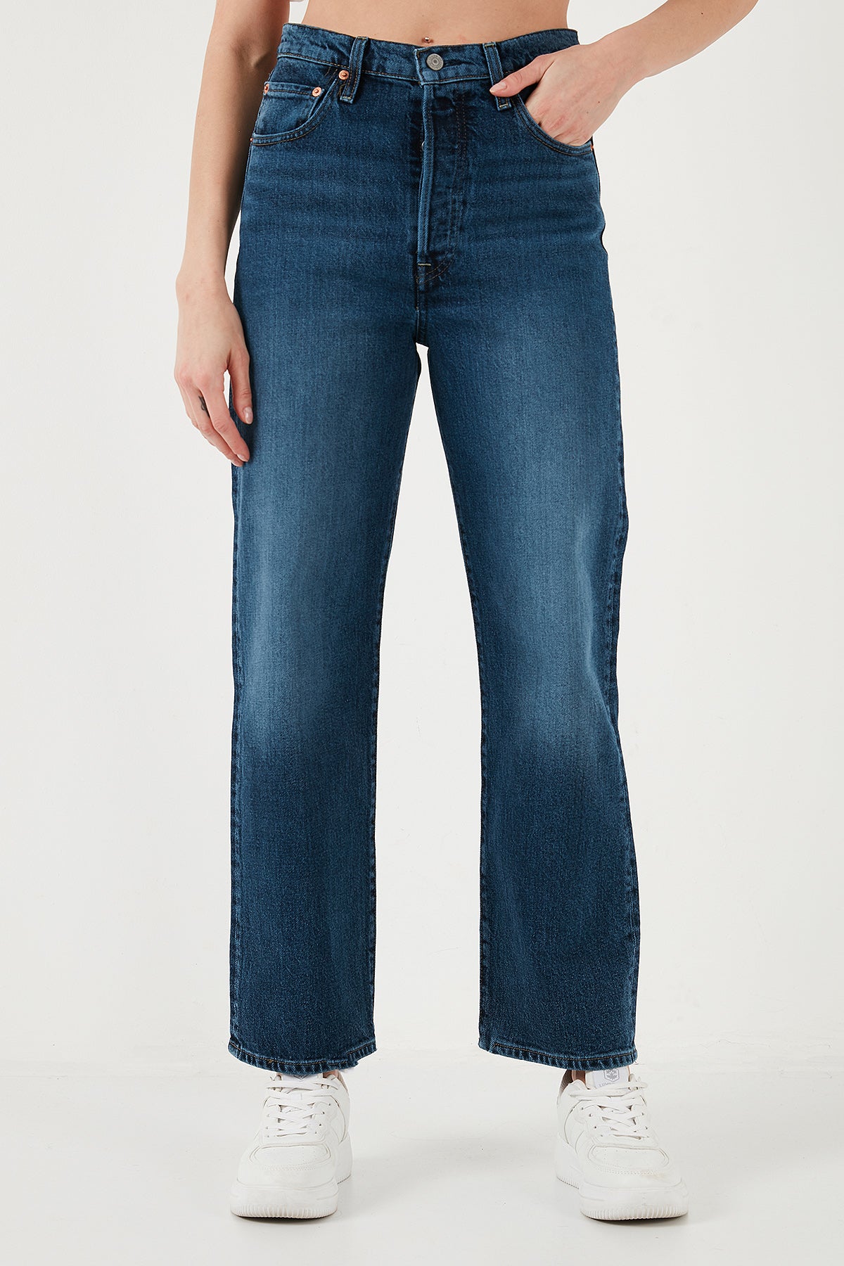 Levi's Ribcage Streç Pamuklu Straight Fit Yüksek Bel Geniş Paça Jeans Bayan Kot Pantolon A7743-0010 KOYU MAVİ