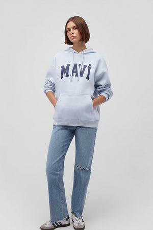 Mavi Pamuklu Şardonlu Oversize Fit Kapüşonlu Bayan Sweat 1600361-70717 AÇIK MAVİ