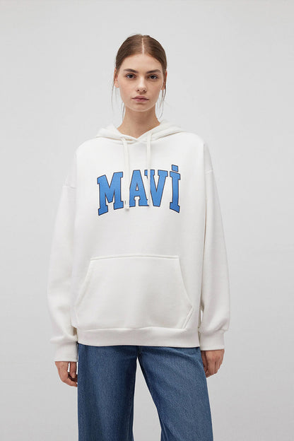 Mavi Pamuklu Şardonlu Oversize Fit Kapüşonlu Bayan Sweat 1600361-81964 KIRIK BEYAZ