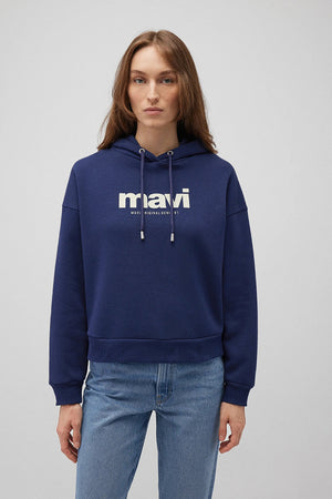 Mavi Şardonlu Pamuklu Loose Fit Kapüşonlu Bayan Sweat 168334-70488 LACİVERT