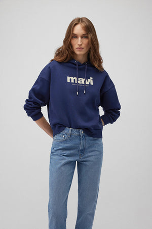 Mavi Şardonlu Pamuklu Loose Fit Kapüşonlu Bayan Sweat 168334-70488 LACİVERT