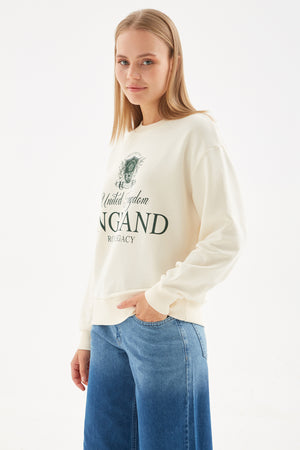 Fashion Friends Pamuk Karışımlı Oversize Bisiklet Yaka Baskılı Bayan Sweat 24K0142K1 EKRU