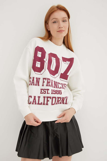 Fashion Friends Pamuklu Oversize Bisiklet Yaka Baskılı Bayan Sweat 24K0340K1 EKRU