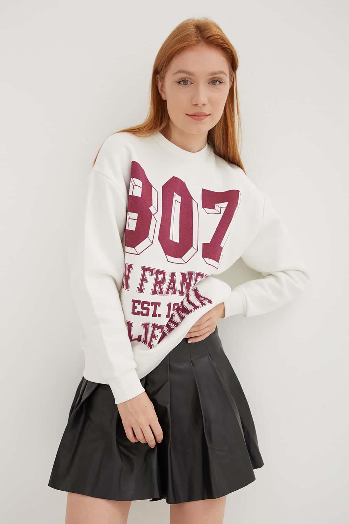 Fashion Friends Pamuklu Oversize Bisiklet Yaka Baskılı Bayan Sweat 24K0340K1 EKRU