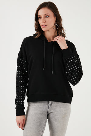 Fashion Friends Pamuk Karışımlı Regular Fit Kapüşonlu Yaka Taş Detaylı Bayan Sweat 24K0390K1 SİYAH