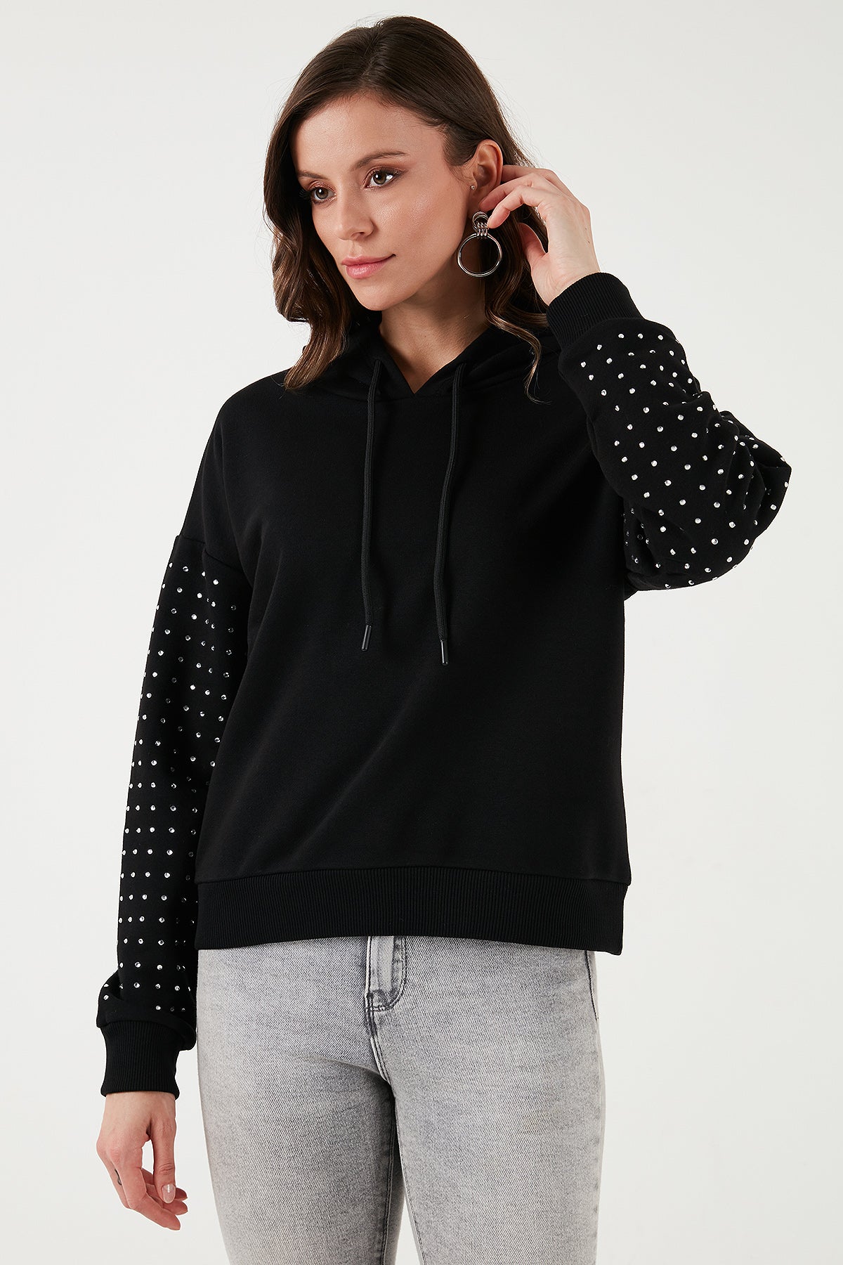 Fashion Friends Pamuk Karışımlı Regular Fit Kapüşonlu Yaka Taş Detaylı Bayan Sweat 24K0390K1 SİYAH