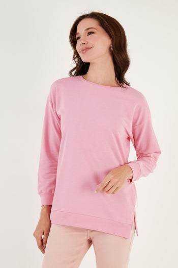 Lela Pamuklu Regular Fit Bisiklet Yaka Basic Bayan Sweat 5863569 Şeker Pembe