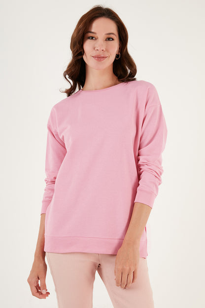 Lela Pamuklu Regular Fit Bisiklet Yaka Basic Bayan Sweat 5863569 Şeker Pembe