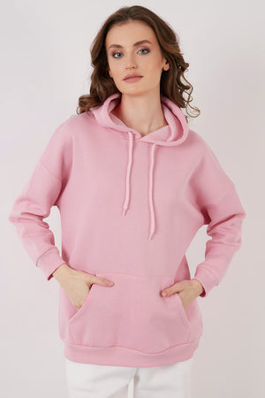 Lela Regular Fit Pamuklu Kapüşonlu Yaka Şardonlu Kışlık Bayan Sweat 5863854 PEMBE