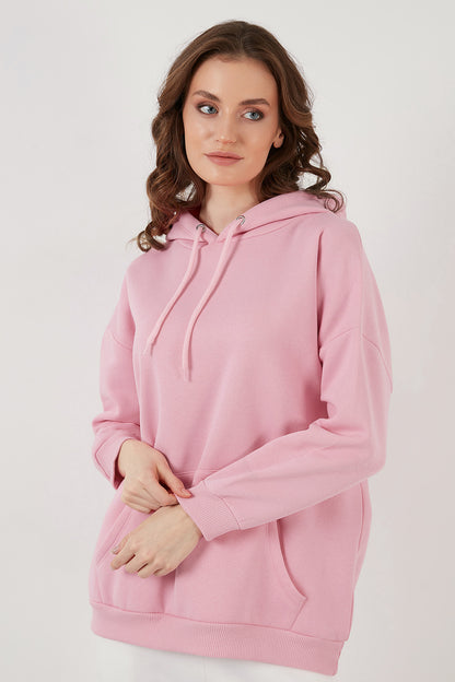 Lela Regular Fit Pamuklu Kapüşonlu Yaka Şardonlu Kışlık Bayan Sweat 5863854 PEMBE