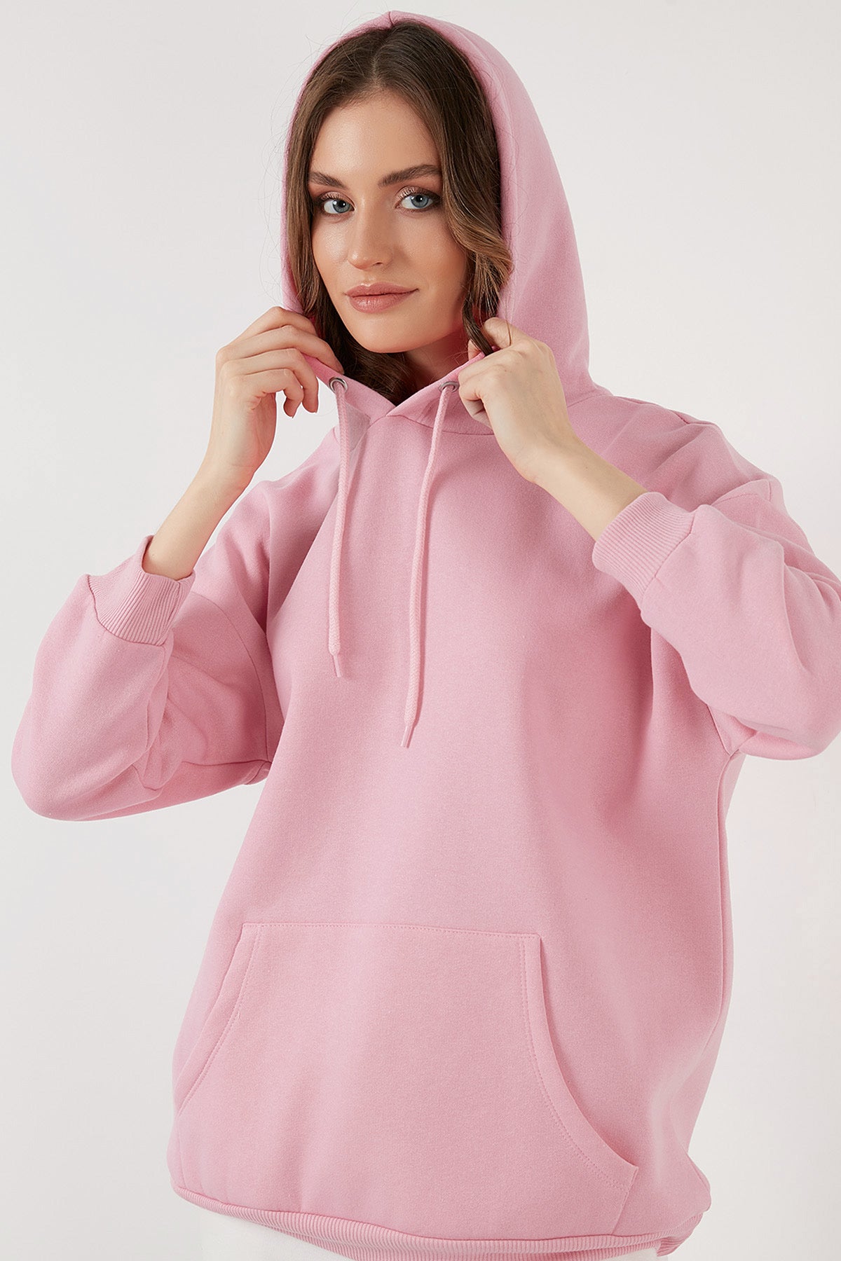 Lela Regular Fit Pamuklu Kapüşonlu Yaka Şardonlu Kışlık Bayan Sweat 5863854 PEMBE