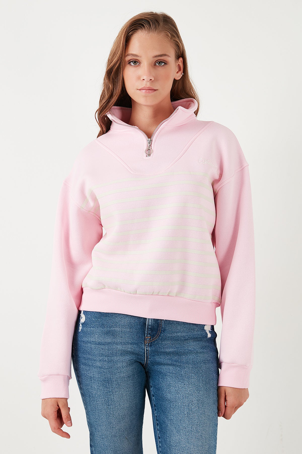 Lela Streç Oversize Fit Yarım Fermuarlı Dik Yaka Bayan Sweat 5865883 Şeker Pembe