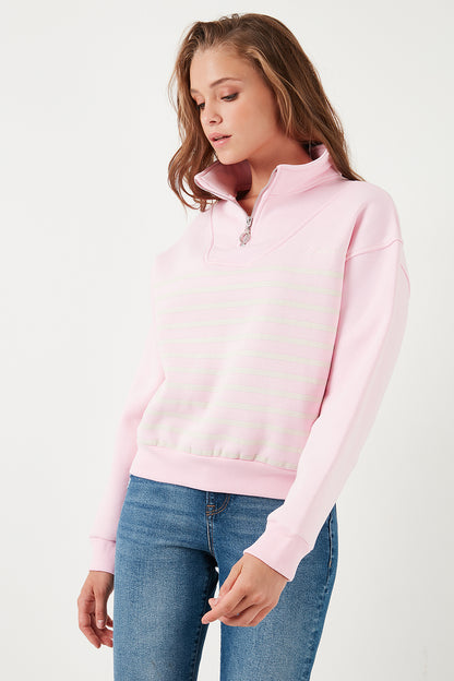 Lela Streç Oversize Fit Yarım Fermuarlı Dik Yaka Bayan Sweat 5865883 Şeker Pembe