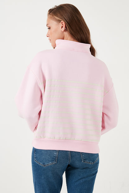 Lela Streç Oversize Fit Yarım Fermuarlı Dik Yaka Bayan Sweat 5865883 Şeker Pembe