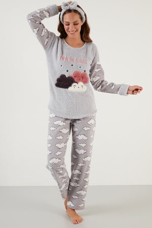 Lela Bulut Desenli Cepli Beli Lastikli Peluş Bayan Pijama Takımı 6094120BULUT GRİ