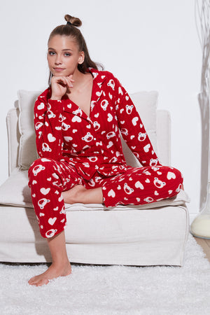 Lela Standart Fit Düğmeli Polarlı Bayan Pijama Takımı 6095617 KIRMIZI