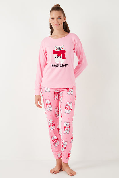 Lela Streç Standart Fit Bisiklet Yaka Desenli Bayan Pijama Takımı 6095700 PEMBE