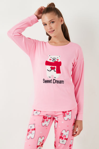 Lela Streç Standart Fit Bisiklet Yaka Desenli Bayan Pijama Takımı 6095700 PEMBE