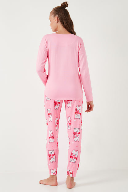 Lela Streç Standart Fit Bisiklet Yaka Desenli Bayan Pijama Takımı 6095700 PEMBE