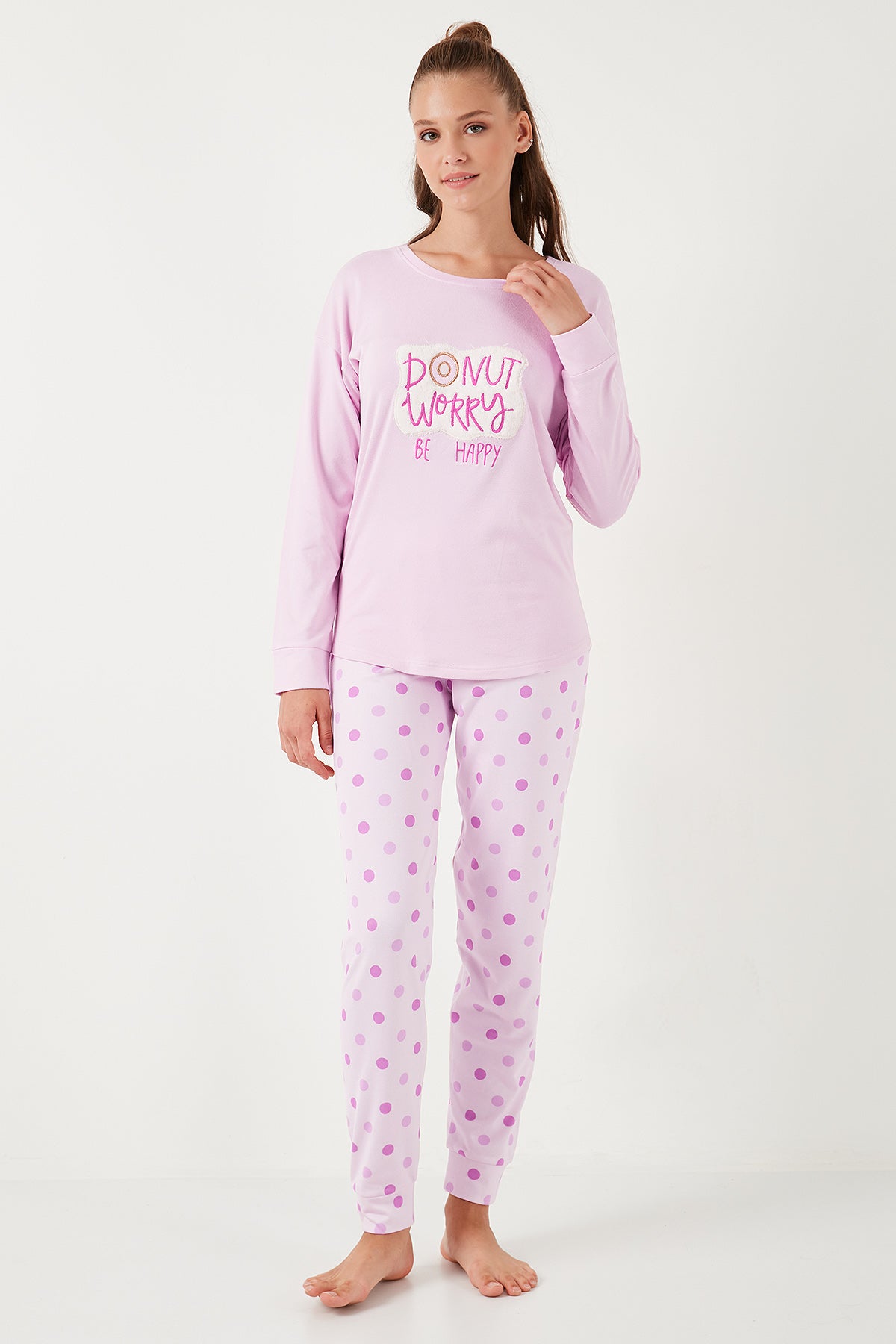 Lela Streç Standart Fit Bisiklet Yaka Desenli Bayan Pijama Takımı 6095700 AÇIK PEMBE