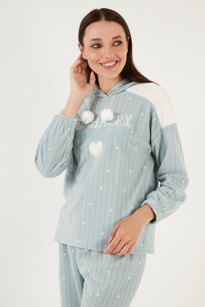 Lela Desenli Regular Fit Kapüşonlu Polar Bayan Pijama Takımı 6571002 MİNT