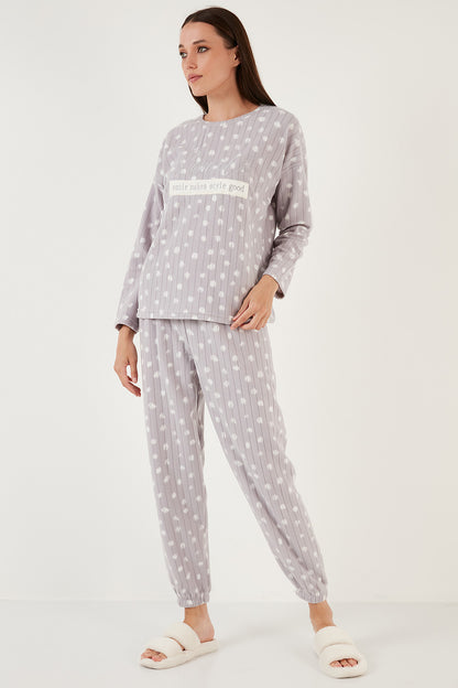 Lela Regular Fit Bisiklet Yaka Polar Bayan Pijama Takımı 6571007 GRİ