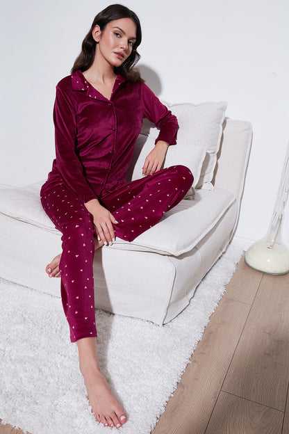 Lela Regular Fit Desenli Parlak Kadife Bayan Pijama Takımı 65713311 BORDO