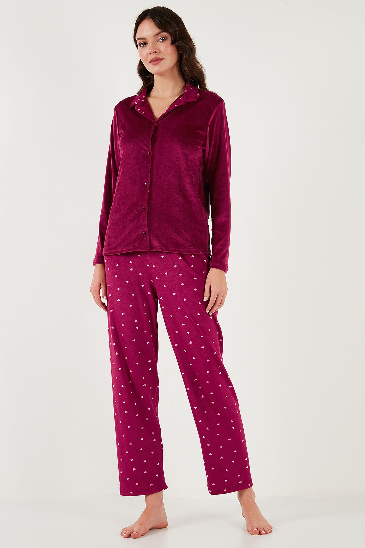 Lela Regular Fit Desenli Parlak Kadife Bayan Pijama Takımı 65713311 BORDO