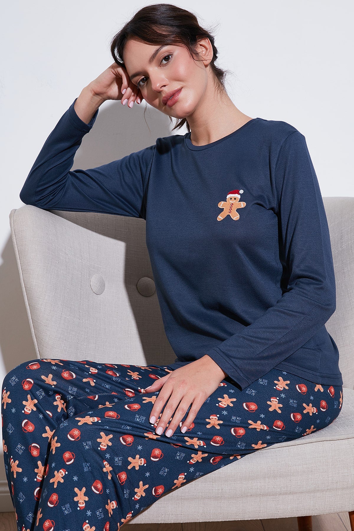 Lela Streç Regular Fit Beli Lastikli Bisiklet Yaka Bayan Pijama Takımı 65714101 LACİVERT