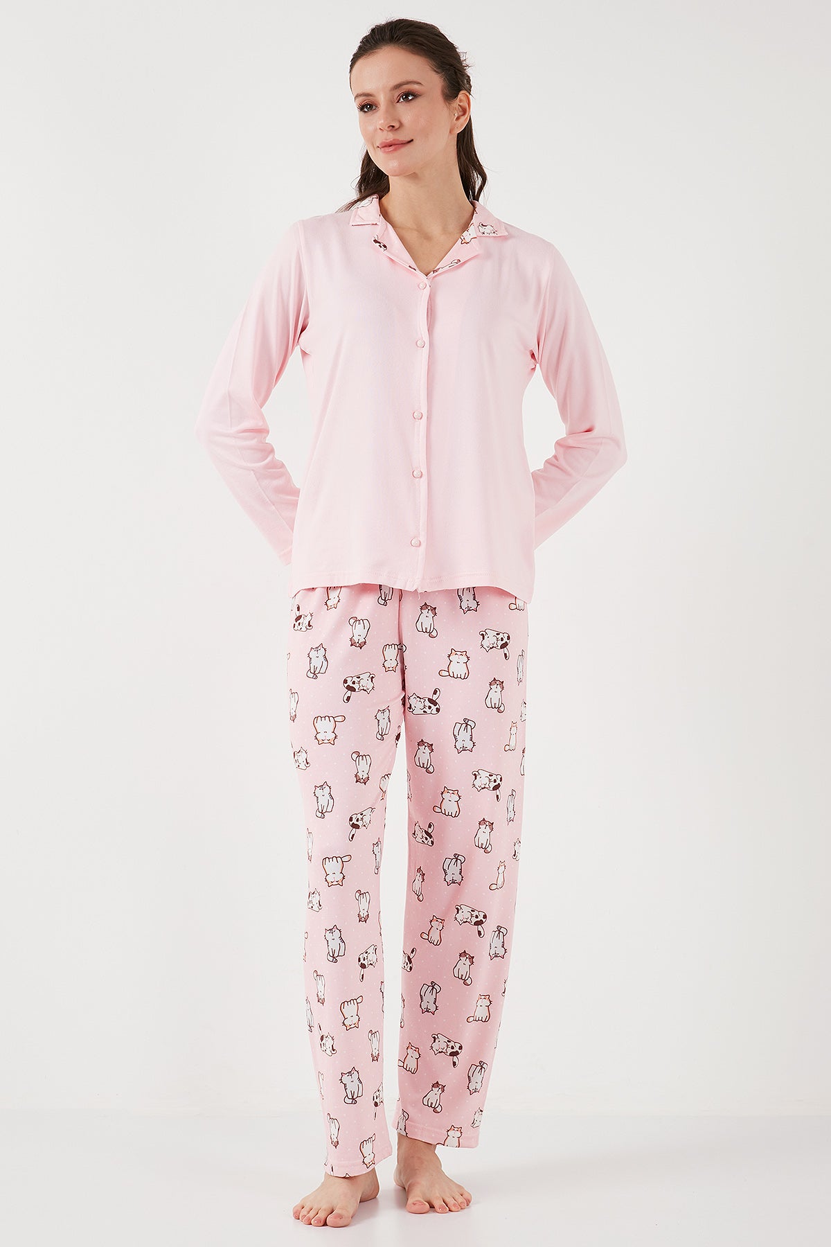 Lela Desenli Regular Fit Apaş Yaka Beli Lastikli Bol Paça Bayan Pijama Takımı 65714300 AÇIK PEMBE