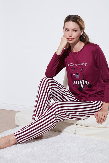 Lela Regular Fit Desenli Bisiklet Yaka Bayan Pijama Takımı 65719102 MÜRDÜM