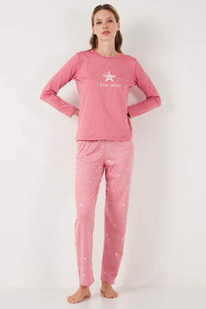 Lela Regular Fit Desenli Bisiklet Yaka Bayan Pijama Takımı 65719102 PEMBE