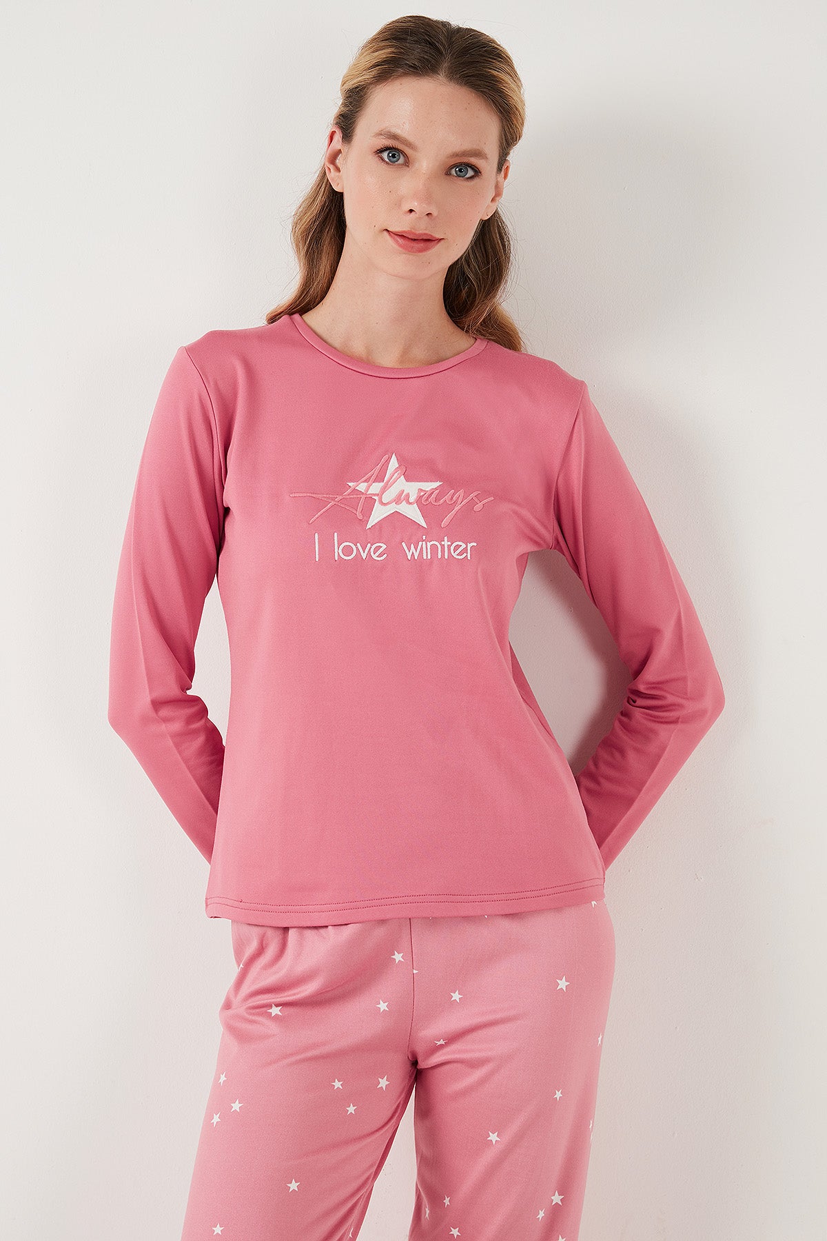 Lela Regular Fit Desenli Bisiklet Yaka Bayan Pijama Takımı 65719102 PEMBE