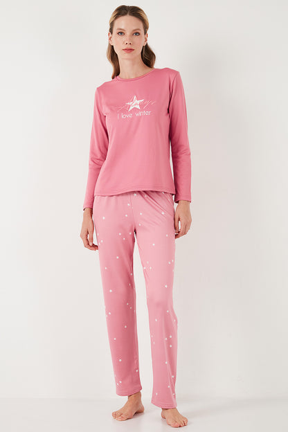 Lela Regular Fit Desenli Bisiklet Yaka Bayan Pijama Takımı 65719102 PEMBE