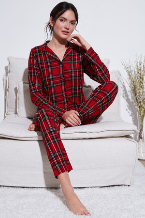 Lela Streç Regular Fit Apaş Yaka Beli Lastikli Bayan Pijama Takımı 65720501 KIRMIZI-YEŞİL