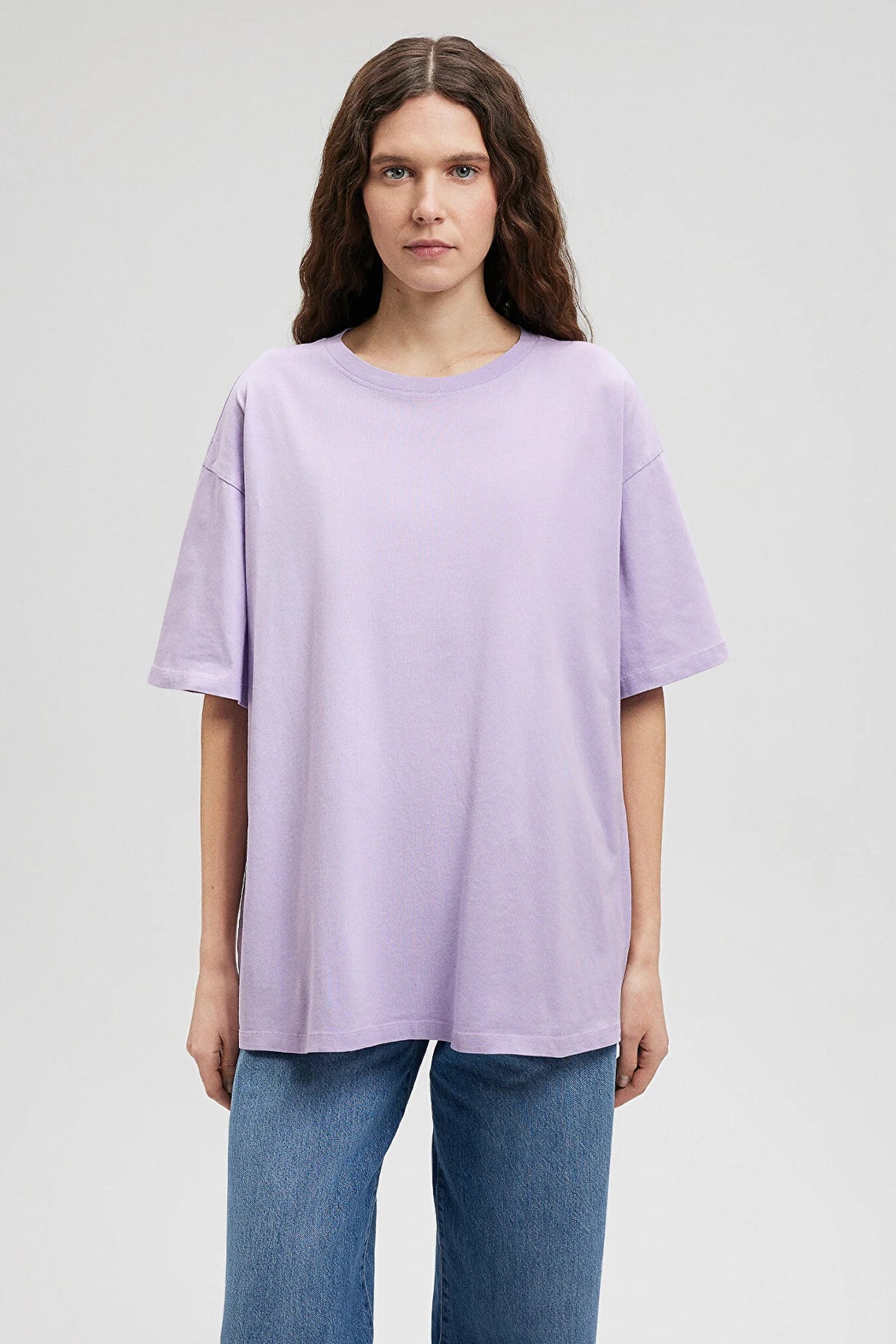 Mavi Pamuklu Oversize Bisiklet Yaka Bayan T Shirt 1610317-70525 LİLA