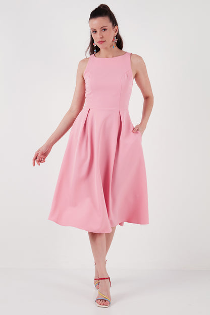 Lela Bisiklet Yaka Regular Fit Cepli Pileli Midi Bayan Elbise 6051963 PEMBE