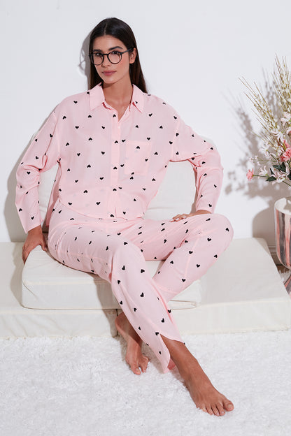 Lela Desenli Rahat Kesim Bol Paça Yazlık Bayan Pijama Takımı 6110014 TOZ PEMBE