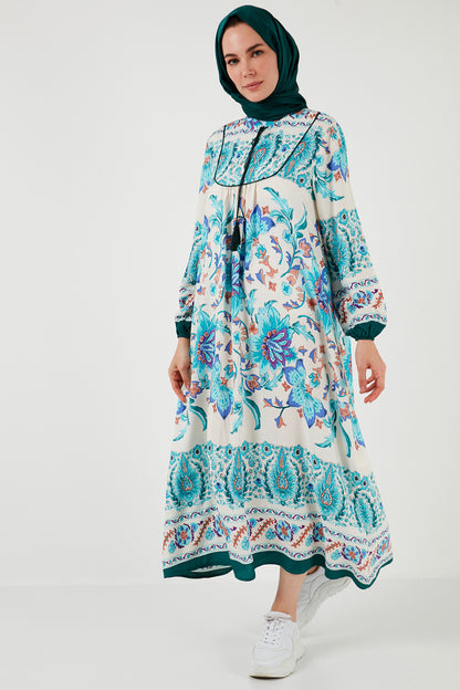 Lela Modest Desenli Regular Fit Bağlamalı V Yaka Maxi Bayan Elbise 611EL510 YEŞİL