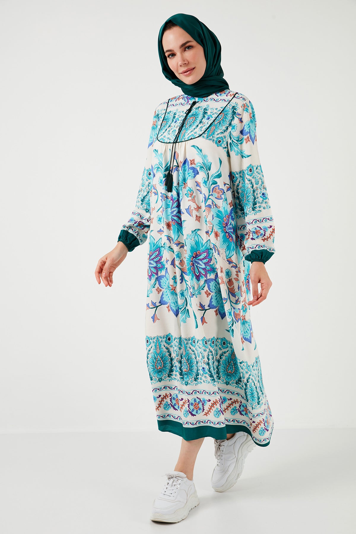 Lela Modest Desenli Regular Fit Bağlamalı V Yaka Maxi Bayan Elbise 611EL510 YEŞİL