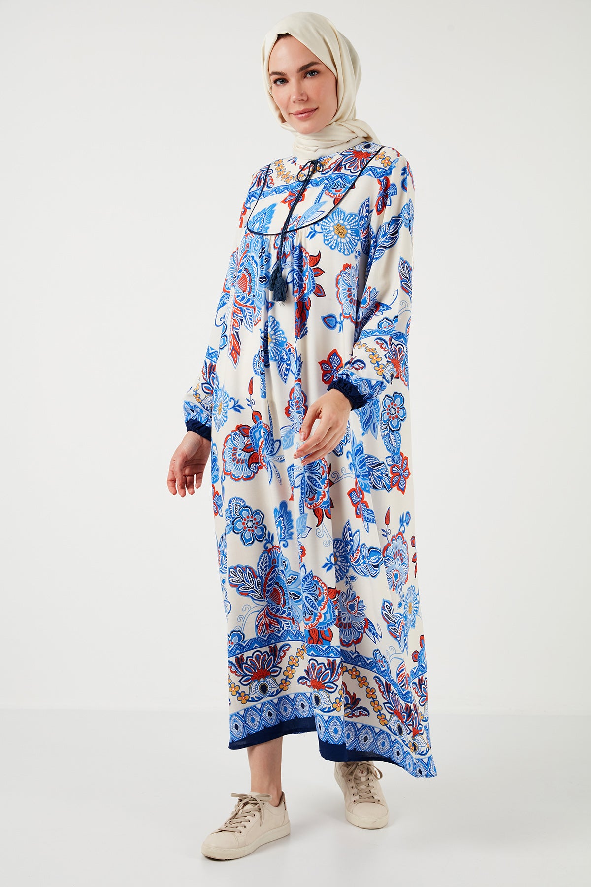 Lela Modest Desenli Regular Fit Bağlamalı V Yaka Maxi Bayan Elbise 611EL510 LACİVERT