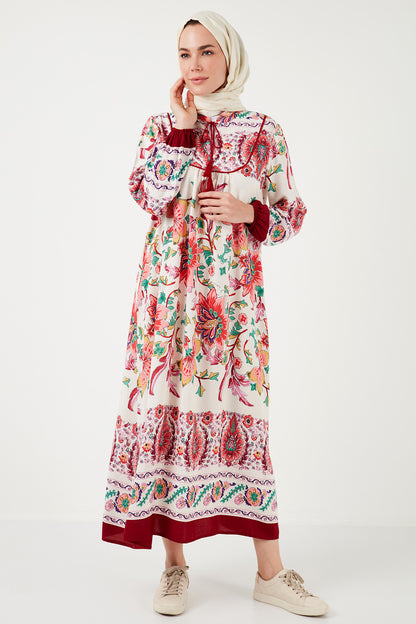 Lela Modest Desenli Regular Fit Bağlamalı V Yaka Maxi Bayan Elbise 611EL510 BORDO